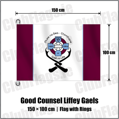 Good Counsel Liffey Gaels 150cm x 100cm Flag Pole Flag with Rings with the club crest and colours, Dublin GAA - ClubFlags.ie