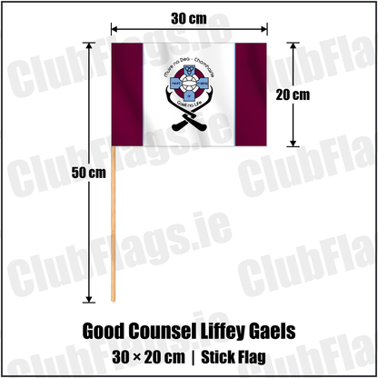 Good Counsel Liffey Gaels 20cm x 30cm Stick Flag with the club crest and colours, Dublin GAA - ClubFlags.ie