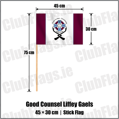Good Counsel Liffey Gaels 30cm x 45cm Stick Flag with the club crest and colours, Dublin GAA - ClubFlags.ie