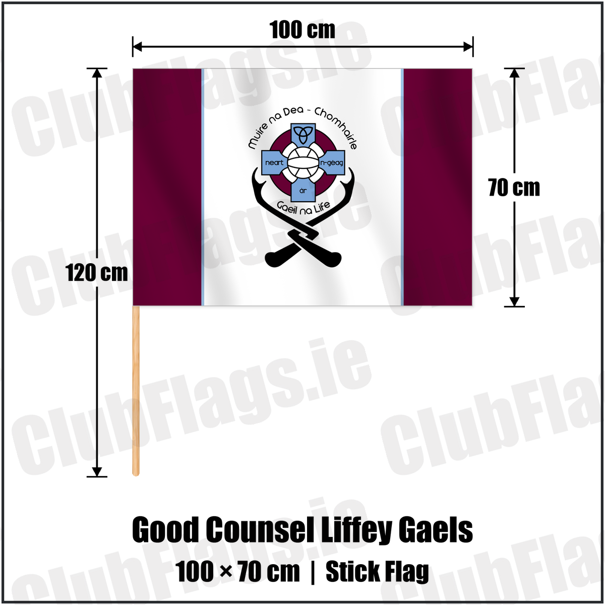 Good Counsel Liffey Gaels 70cm x 100cm Stick Flag with the club crest and colours, Dublin GAA - ClubFlags.ie