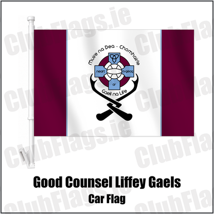 Good Counsel Liffey Gaels Car Flag with the club crest and colours, Dublin GAA - ClubFlags.ie