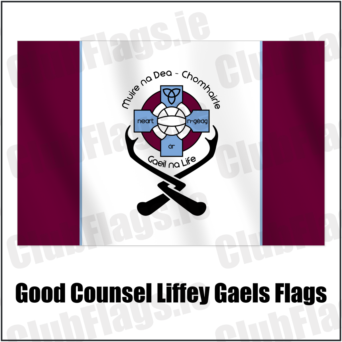 Good Counsel Liffey Gaels Flags with the club crest and colours, Dublin GAA - ClubFlags.ie