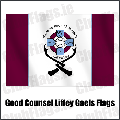 Good Counsel Liffey Gaels Flags with the club crest and colours, Dublin GAA - ClubFlags.ie