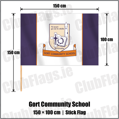 Gort Community School 100cm x 150cm Stick Flag with the club crest and colours, Galway GAA - ClubFlags.ie