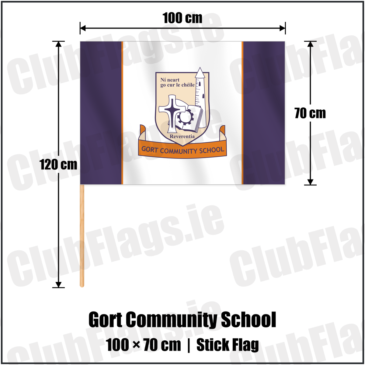 Gort Community School 70cm x 100cm Stick Flag with the club crest and colours, Galway GAA - ClubFlags.ie