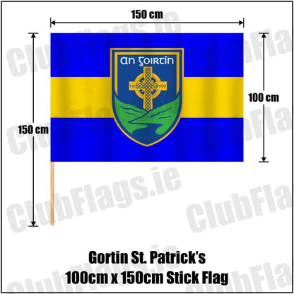 Gortin St. Patrick’s 100cm x 150cm Stick Flag in royal blue and yellow, featuring the club crest on realistic fabric with gentle vertical folds; County Tyrone GAA. ClubFlags.ie.