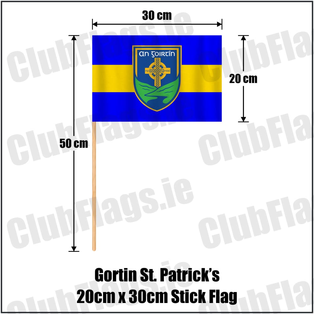 Gortin St. Patrick’s 20cm x 30cm Stick Flag in royal blue and yellow, featuring the club crest on realistic fabric with gentle vertical folds; County Tyrone GAA. ClubFlags.ie.