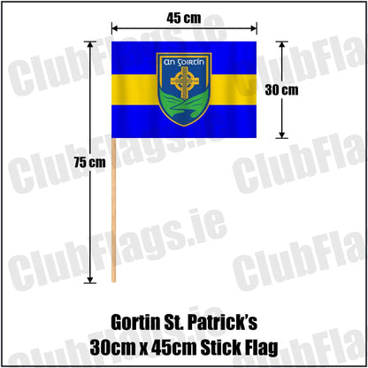 Gortin St. Patrick’s 30cm x 45cm Stick Flag in royal blue and yellow, featuring the club crest on realistic fabric with gentle vertical folds; County Tyrone GAA. ClubFlags.ie.