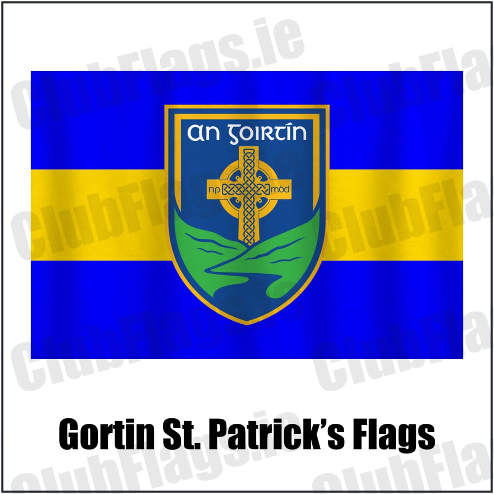 Gortin St. Patrick’s Flags in royal blue and yellow, featuring the club crest on realistic fabric with gentle vertical folds; County Tyrone GAA. ClubFlags.ie.