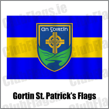 Gortin St. Patrick’s Flags in royal blue and yellow, featuring the club crest on realistic fabric with gentle vertical folds; County Tyrone GAA. ClubFlags.ie.