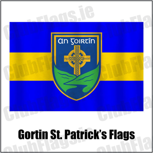 Gortin St. Patrick’s Flags in royal blue and yellow, featuring the club crest on realistic fabric with gentle vertical folds; County Tyrone GAA. ClubFlags.ie.