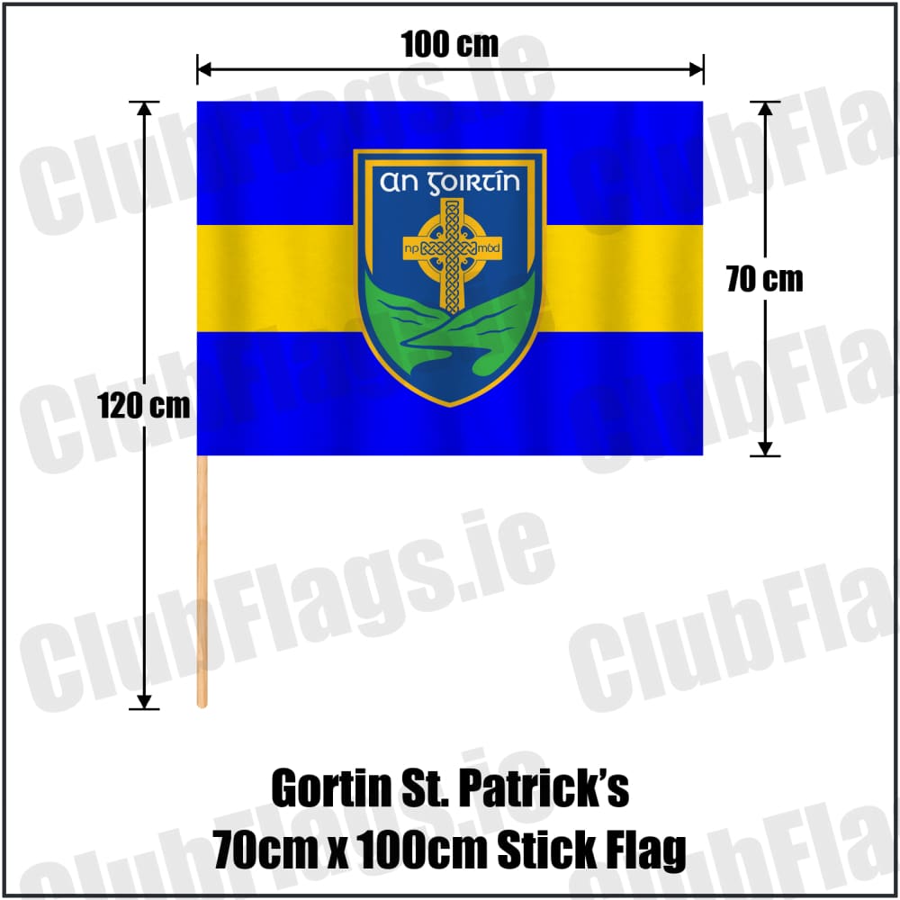 Gortin St. Patrick’s 70cm x 100cm Stick Flag in royal blue and yellow, featuring the club crest on realistic fabric with gentle vertical folds; County Tyrone GAA. ClubFlags.ie.
