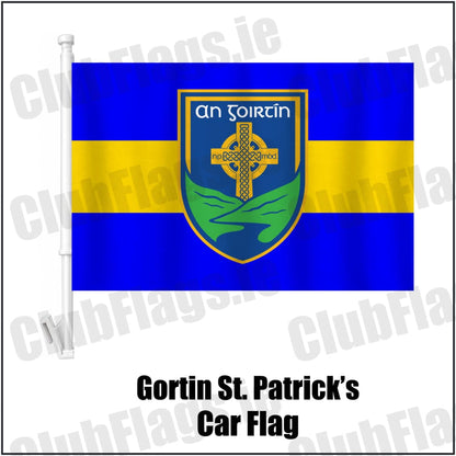 Gortin St. Patrick’s Car Flag in royal blue and yellow, featuring the club crest on realistic fabric with gentle vertical folds; County Tyrone GAA. ClubFlags.ie.