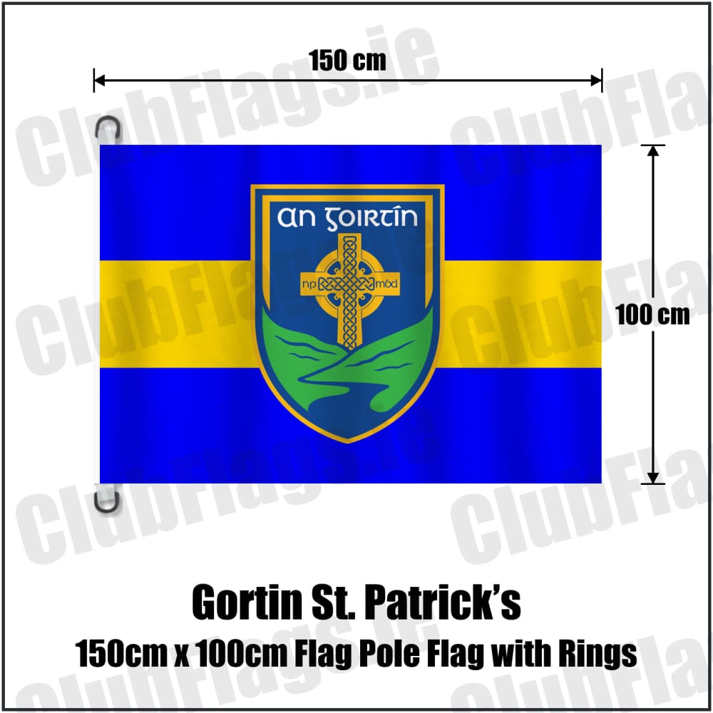 Gortin St. Patrick’s 150cm x 100cm Flag Pole Flag with Rings in royal blue and yellow, featuring the club crest on realistic fabric with gentle vertical folds; County Tyrone GAA. ClubFlags.ie.