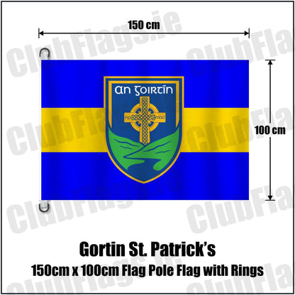 Gortin St. Patrick’s 150cm x 100cm Flag Pole Flag with Rings in royal blue and yellow, featuring the club crest on realistic fabric with gentle vertical folds; County Tyrone GAA. ClubFlags.ie.