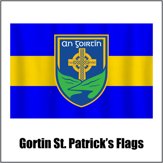 Gortin St. Patrick’s Flags, featuring the club crest and royal blue and yellow colours; County Tyrone GAA. ClubFlags.ie.