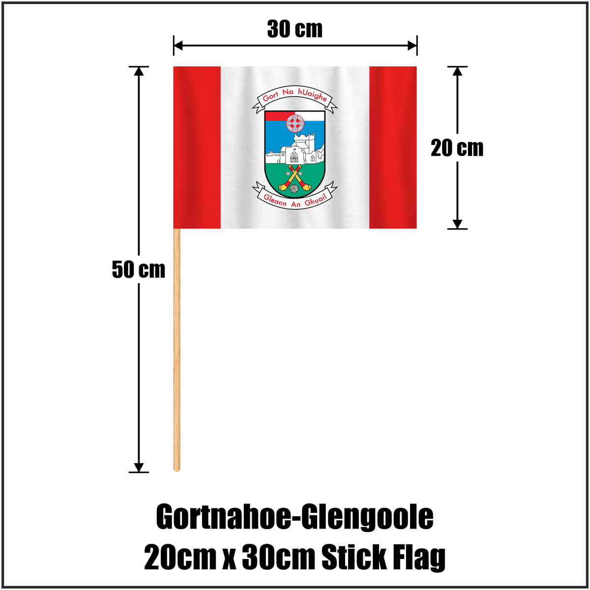 Gortnahoe-Glengoole 20cm x 30cm Stick Flag, featuring the club crest and red and white colours; County Tipperary GAA. ClubFlags.ie.