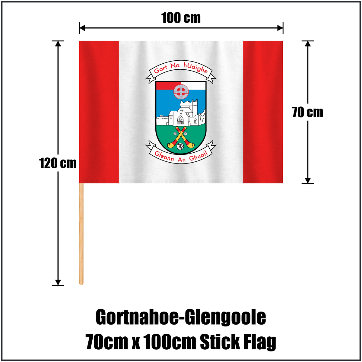 Gortnahoe-Glengoole 70cm x 100cm Stick Flag, featuring the club crest and red and white colours; County Tipperary GAA. ClubFlags.ie.