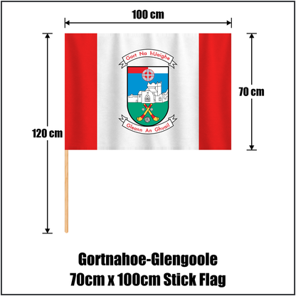 Gortnahoe-Glengoole 70cm x 100cm Stick Flag, featuring the club crest and red and white colours; County Tipperary GAA. ClubFlags.ie.