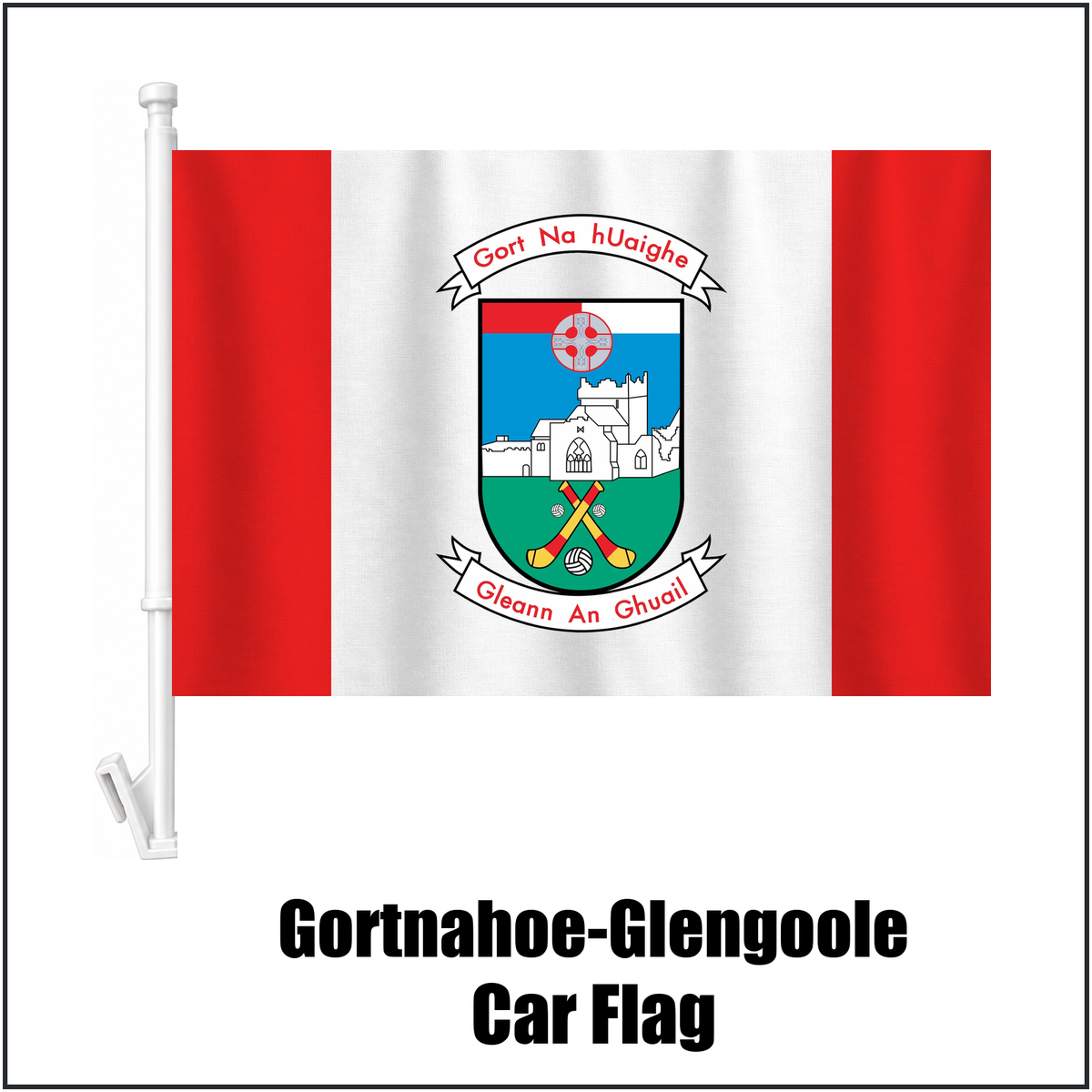 Gortnahoe-Glengoole Car Flag, featuring the club crest and red and white colours; County Tipperary GAA. ClubFlags.ie.