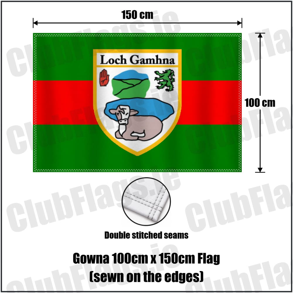 Gowna 100cm x 150cm Flag (sewn on the edges) in green and red, featuring the club crest on realistic fabric with gentle vertical folds; County Cavan GAA. ClubFlags.ie.