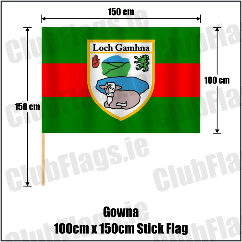 Gowna 100cm x 150cm Stick Flag in green and red, featuring the club crest on realistic fabric with gentle vertical folds; County Cavan GAA. ClubFlags.ie.