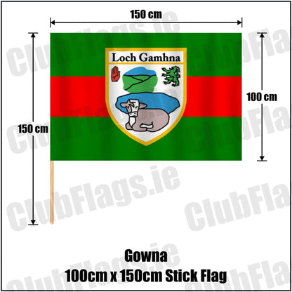 Gowna 100cm x 150cm Stick Flag in green and red, featuring the club crest on realistic fabric with gentle vertical folds; County Cavan GAA. ClubFlags.ie.