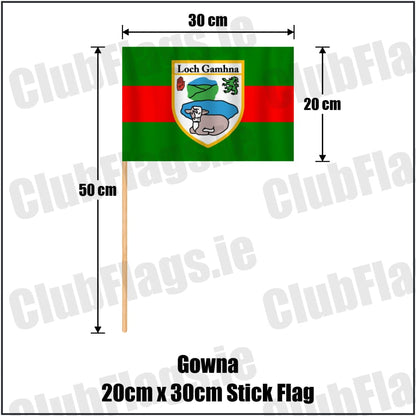 Gowna 20cm x 30cm Stick Flag in green and red, featuring the club crest on realistic fabric with gentle vertical folds; County Cavan GAA. ClubFlags.ie.