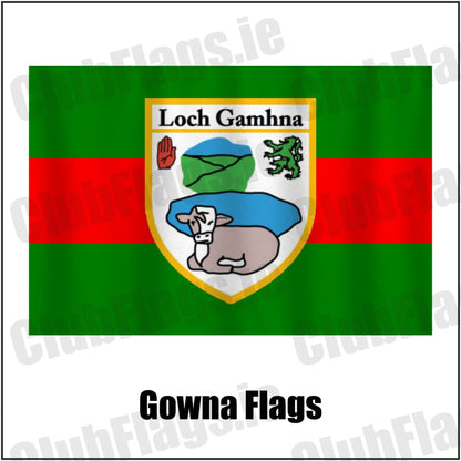 Gowna Flags in green and red, featuring the club crest on realistic fabric with gentle vertical folds; County Cavan GAA. ClubFlags.ie.