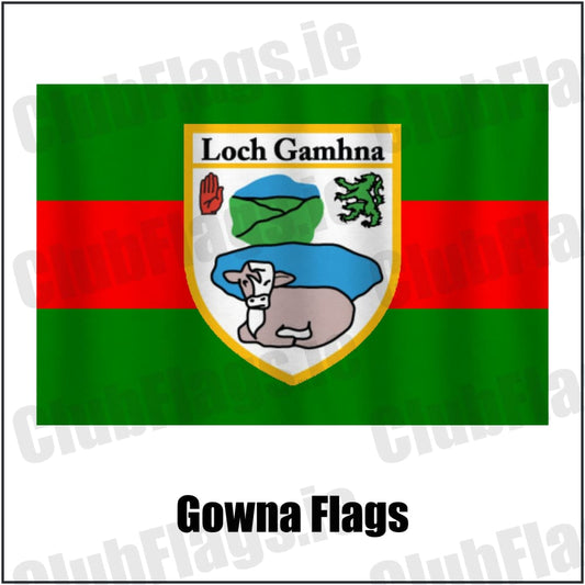 Gowna Flags in green and red, featuring the club crest on realistic fabric with gentle vertical folds; County Cavan GAA. ClubFlags.ie.