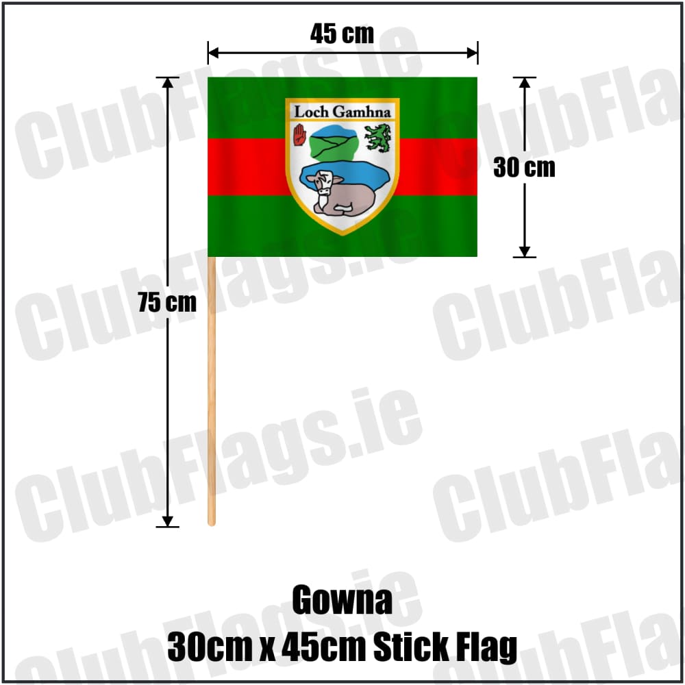 Gowna 30cm x 45cm Stick Flag in green and red, featuring the club crest on realistic fabric with gentle vertical folds; County Cavan GAA. ClubFlags.ie.