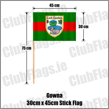 Gowna 30cm x 45cm Stick Flag in green and red, featuring the club crest on realistic fabric with gentle vertical folds; County Cavan GAA. ClubFlags.ie.