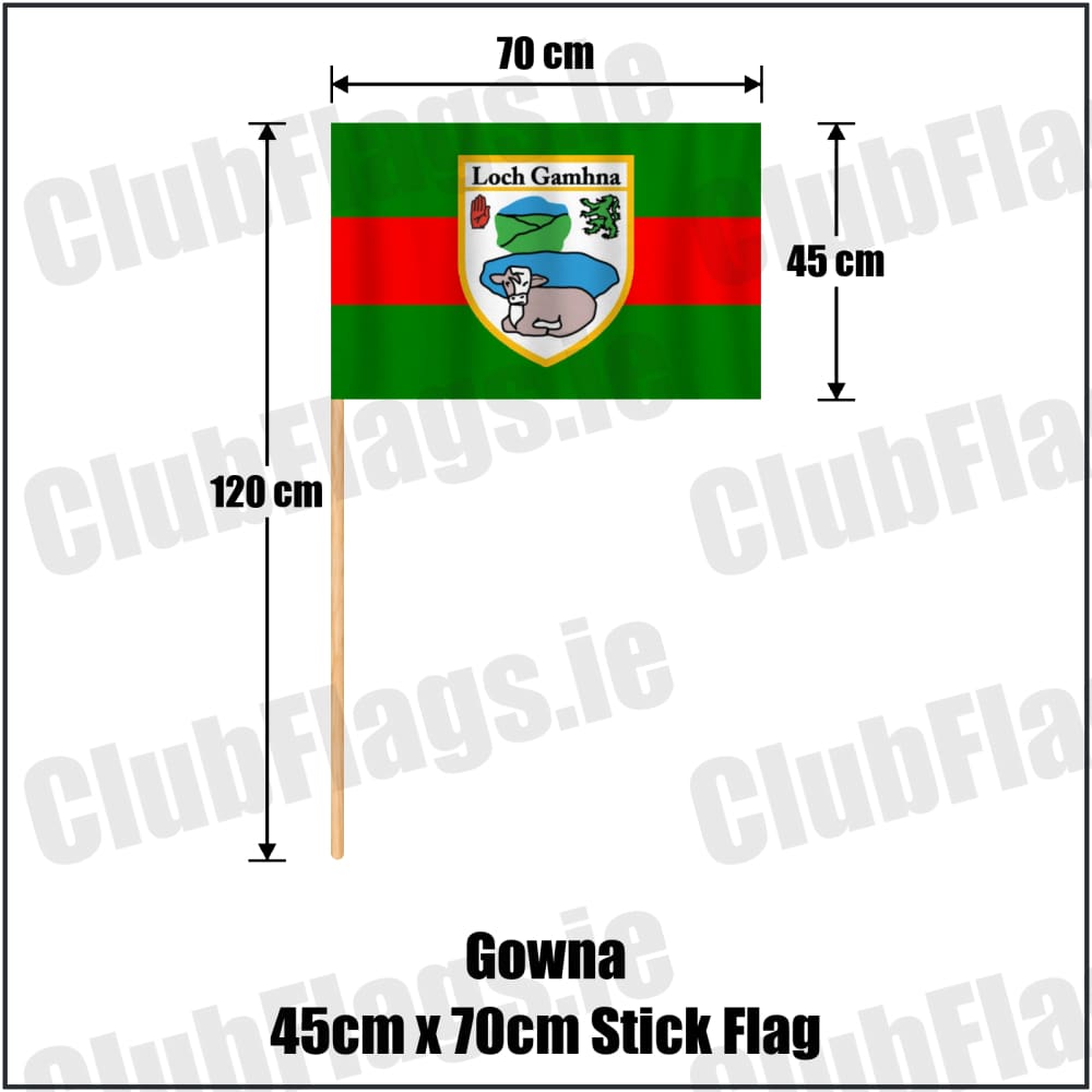 Gowna 45cm x 70cm Stick Flag in green and red, featuring the club crest on realistic fabric with gentle vertical folds; County Cavan GAA. ClubFlags.ie.