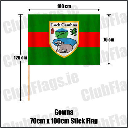 Gowna 70cm x 100cm Stick Flag in green and red, featuring the club crest on realistic fabric with gentle vertical folds; County Cavan GAA. ClubFlags.ie.