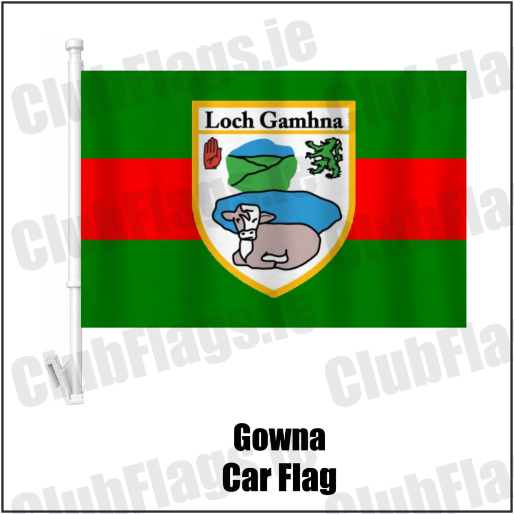 Gowna Car Flag in green and red, featuring the club crest on realistic fabric with gentle vertical folds; County Cavan GAA. ClubFlags.ie.