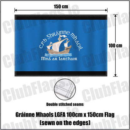 Gráinne Mhaols LGFA 100cm x 150cm Flag (sewn on the edges), featuring the club crest and black and sky blue colours; County Galway ladies Gaelic football. ClubFlags.ie.
