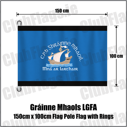 Gráinne Mhaols LGFA 150cm x 100cm Flag Pole Flag with Rings, featuring the club crest and black and sky blue colours; County Galway ladies Gaelic football. ClubFlags.ie.