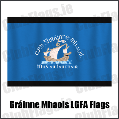 Gráinne Mhaols LGFA Flags, featuring the club crest and black and sky blue colours; County Galway ladies Gaelic football. ClubFlags.ie.