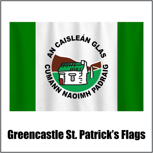 Greencastle St. Patrick’s Flags, featuring the club crest and green and white colours; County Tyrone GAA. ClubFlags.ie.