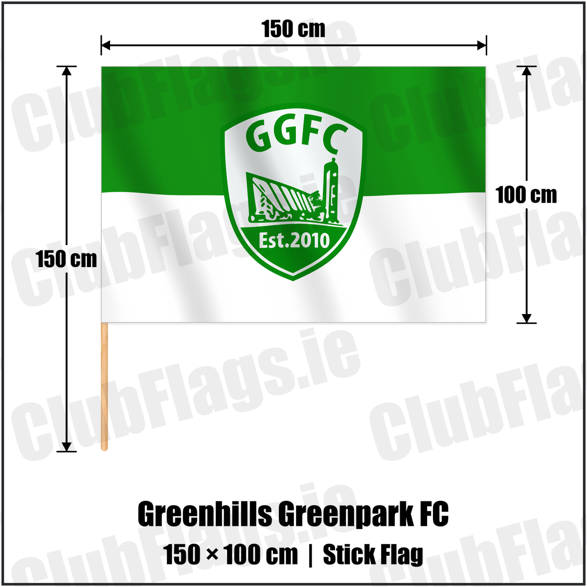 Greenhills Greenpark FC 100cm x 150cm Stick Flag with the verified club crest and colours, Dublin Football - ClubFlags.ie