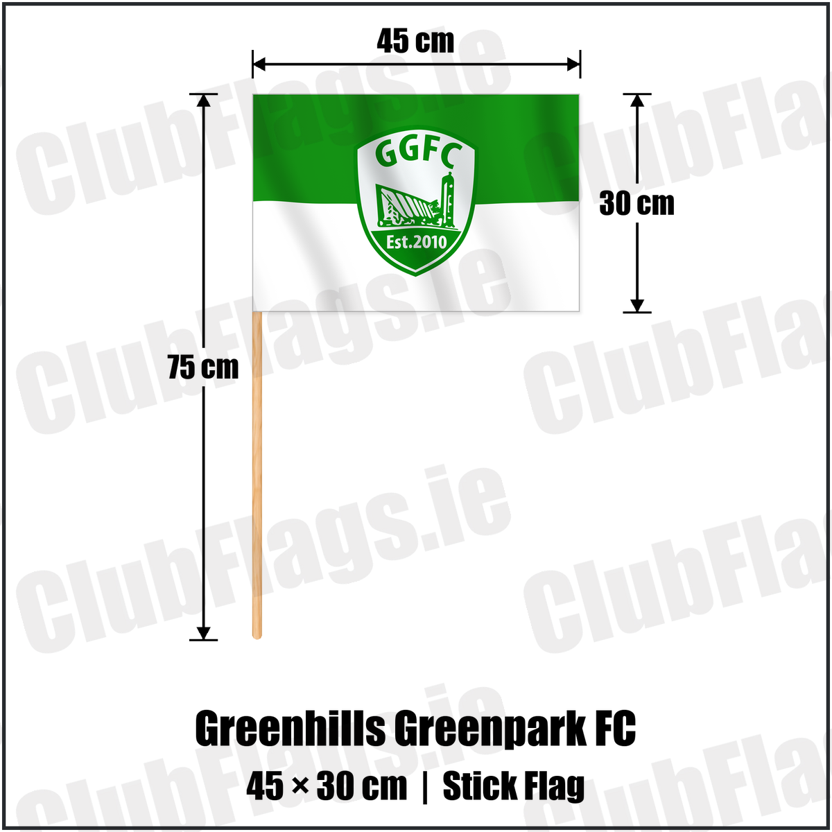 Greenhills Greenpark FC 30cm x 45cm Stick Flag with the verified club crest and colours, Dublin Football - ClubFlags.ie