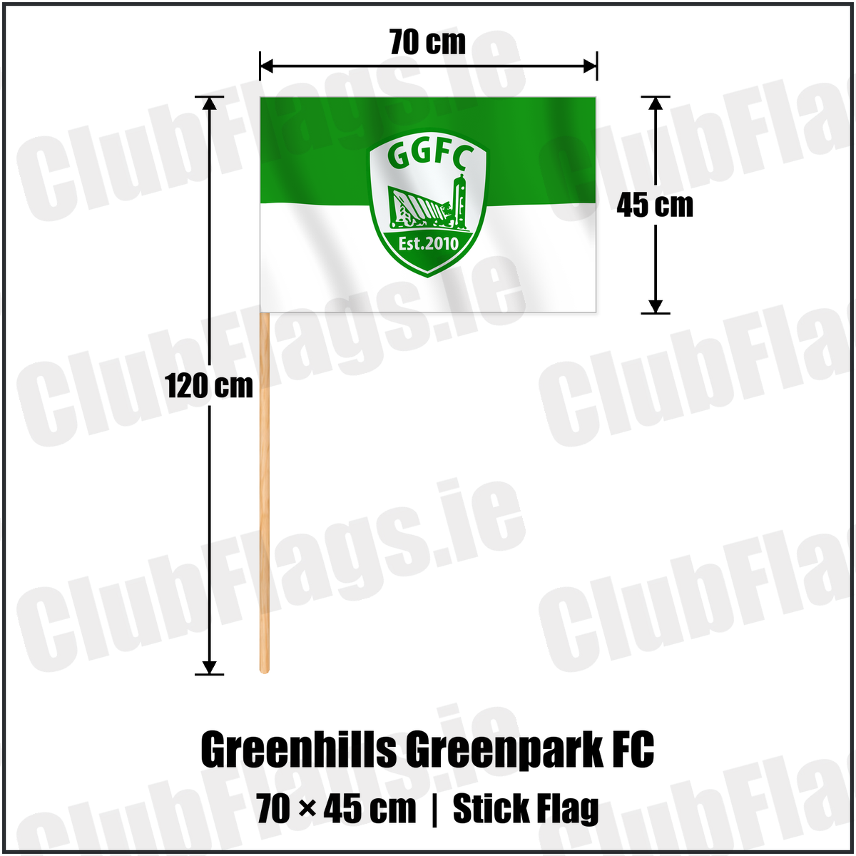 Greenhills Greenpark FC 45cm x 70cm Stick Flag with the verified club crest and colours, Dublin Football - ClubFlags.ie