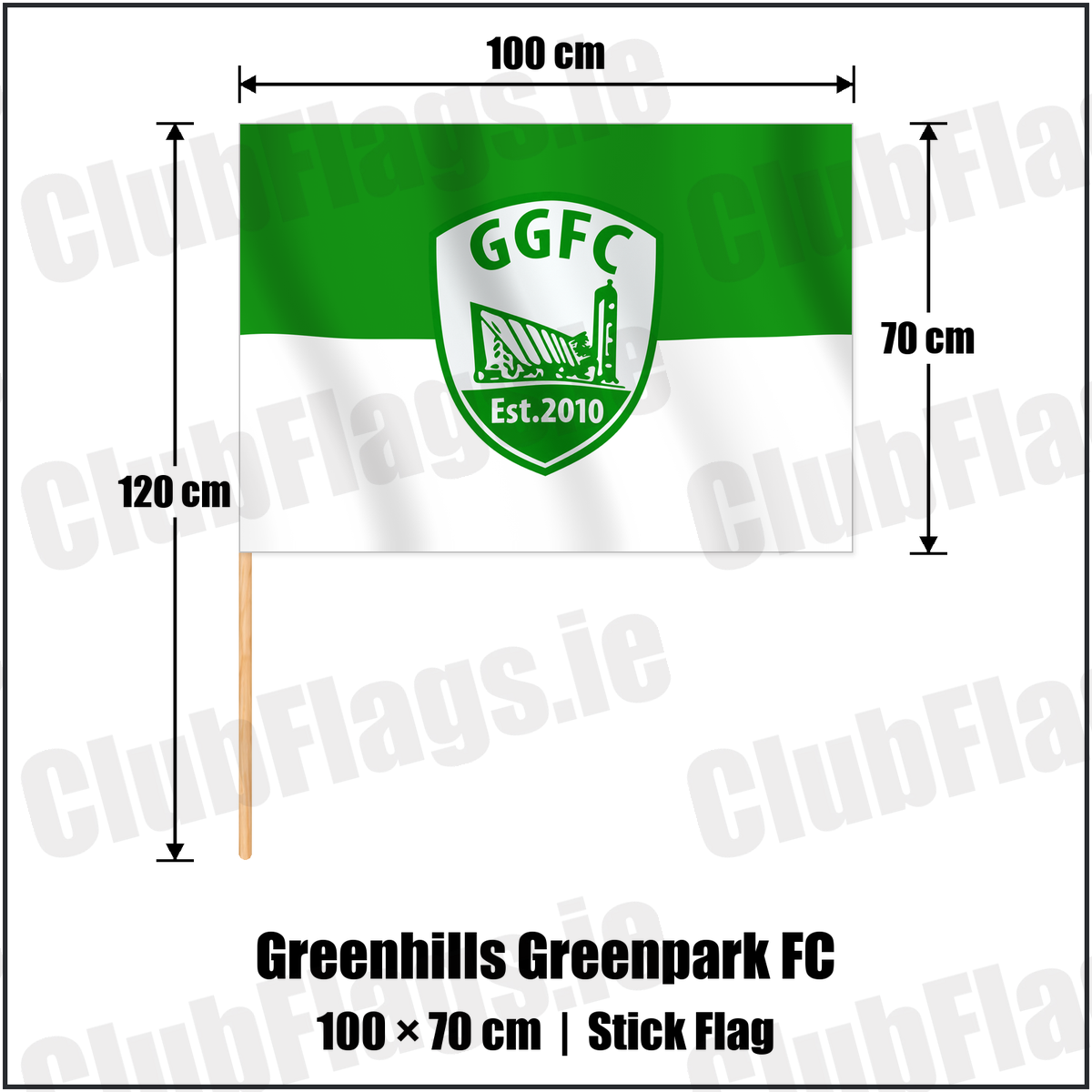 Greenhills Greenpark FC 70cm x 100cm Stick Flag with the verified club crest and colours, Dublin Football - ClubFlags.ie