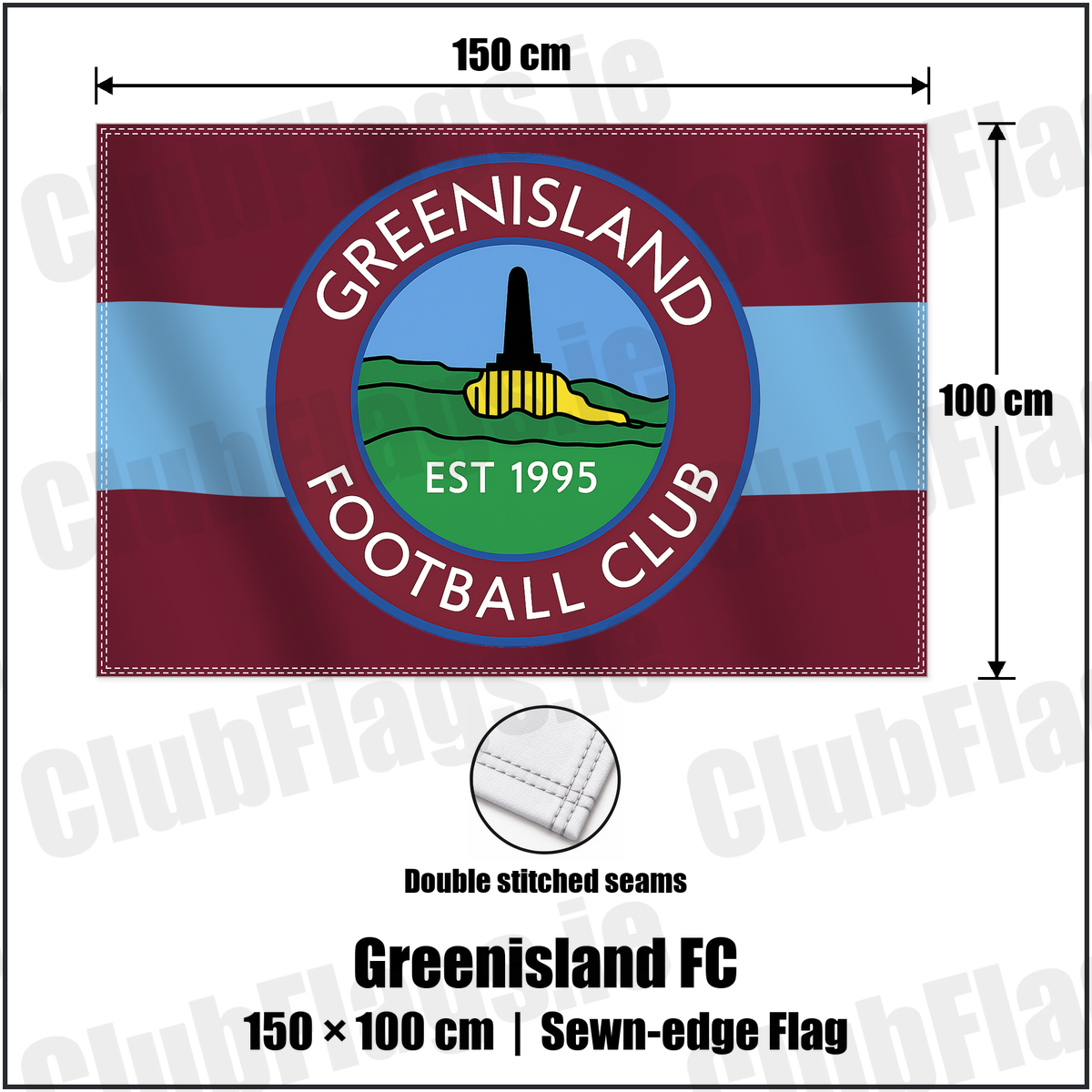 Greenisland FC 100cm x 150cm Flag (sewn on the edges) with the club crest and colours, Antrim Football - ClubFlags.ie