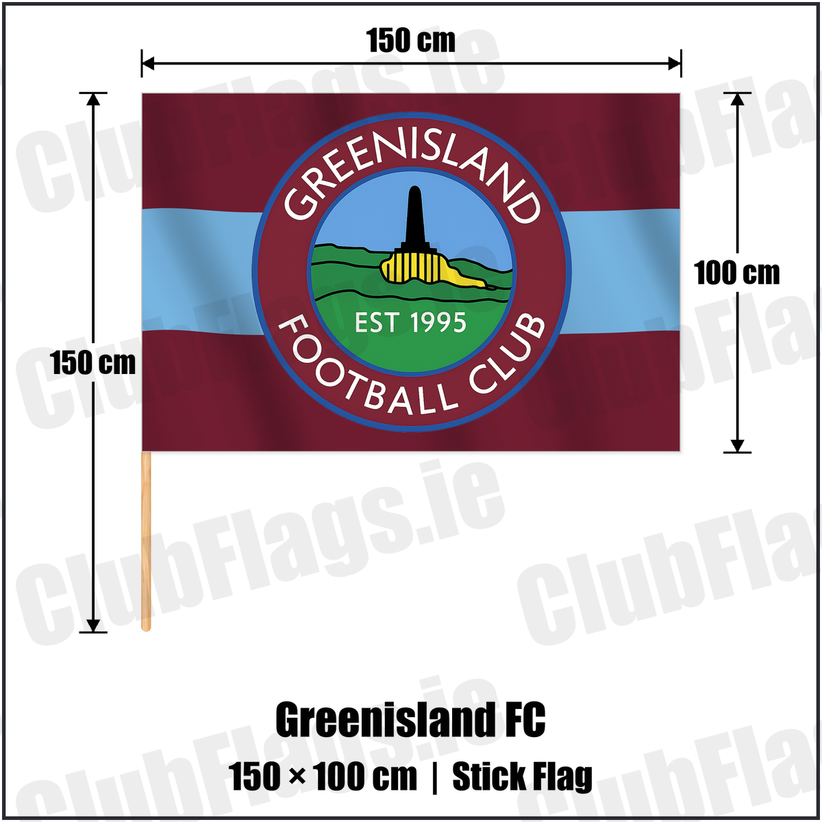 Greenisland FC 100cm x 150cm Stick Flag with the club crest and colours, Antrim Football - ClubFlags.ie