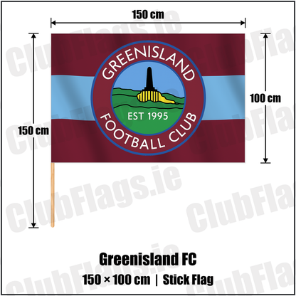 Greenisland FC 100cm x 150cm Stick Flag with the club crest and colours, Antrim Football - ClubFlags.ie