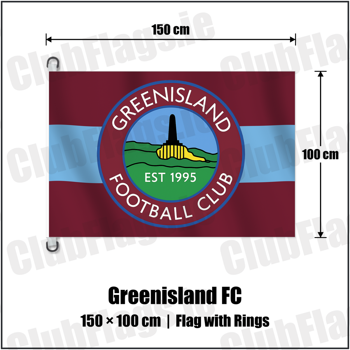 Greenisland FC 150cm x 100cm Flag Pole Flag with Rings with the club crest and colours, Antrim Football - ClubFlags.ie