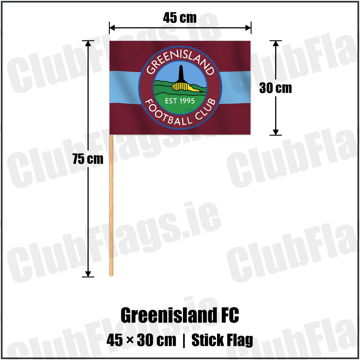 Greenisland FC 30cm x 45cm Stick Flag with the club crest and colours, Antrim Football - ClubFlags.ie