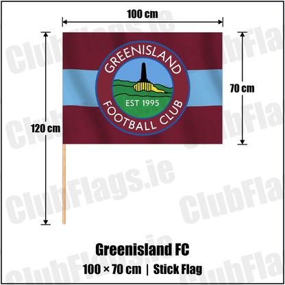 Greenisland FC 70cm x 100cm Stick Flag with the club crest and colours, Antrim Football - ClubFlags.ie