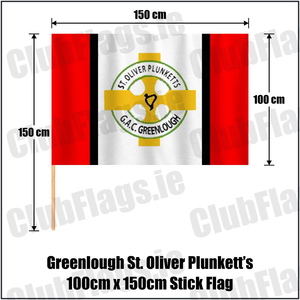 Greenlough St. Oliver Plunkett’s 100cm x 150cm Stick Flag in red and white and black, featuring the club crest on realistic fabric with gentle vertical folds; County Derry GAA. ClubFlags.ie.